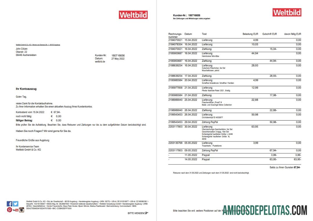 Germany Weltbild Bank Statement 2 Pages modelo